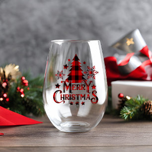 Modern Farmhouse Buffalo Plaid Merry Christmas Stemless Wine Glass