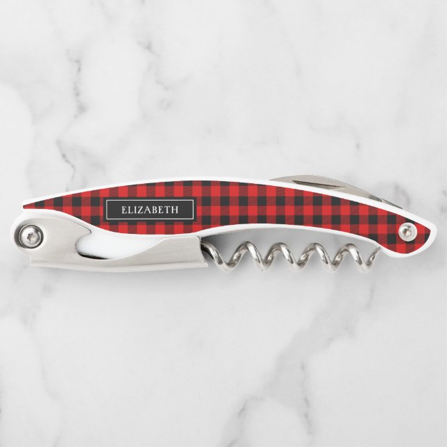 Modern Farmhouse Buffalo Plaid Monogrammed Waiter's Corkscrew (Front)