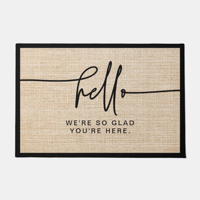 Modern Farmhouse Burlap Hello So Glad You're Here Doormat (Front)
