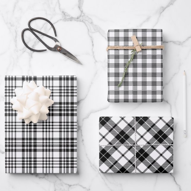 Modern Farmhouse Charm Black White Plaid Wrapping Paper Sheets (Front)