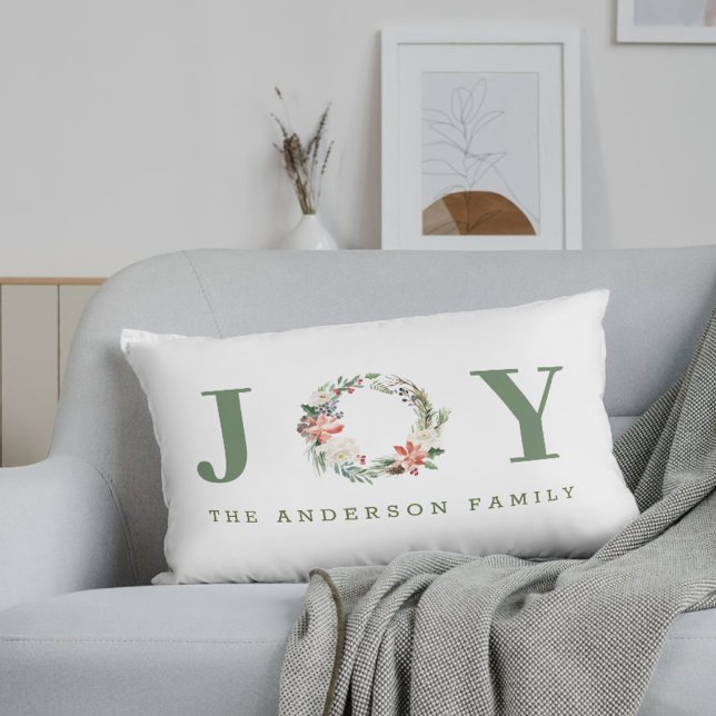 Modern Farmhouse Christmas Joy Wreath Family Name Lumbar Pillow (Creator Uploaded)