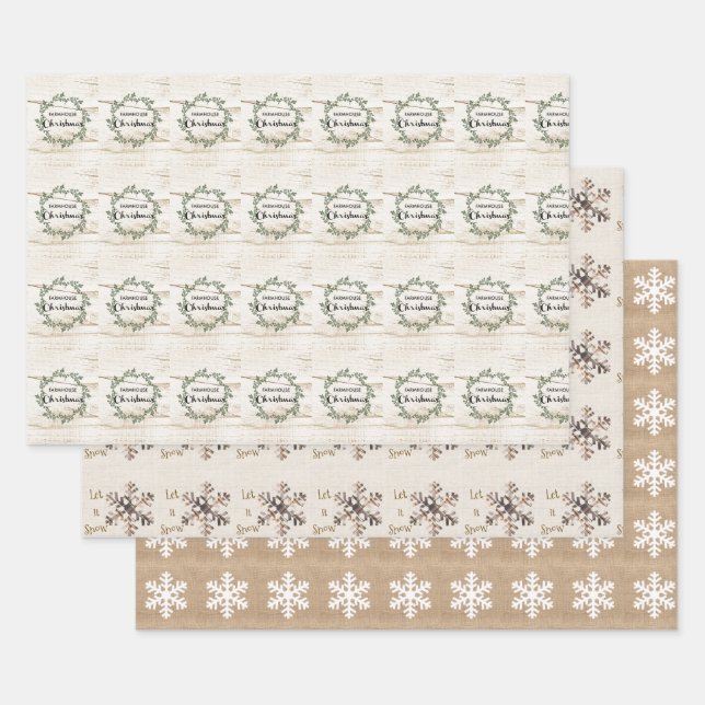Modern Farmhouse Christmas Rustic Burlap and Wood Wrapping Paper Sheets (Set)