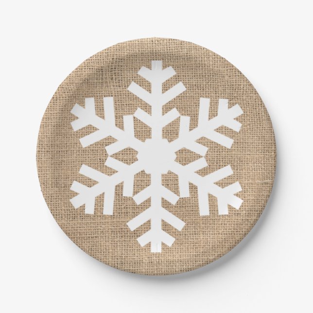 Modern Farmhouse Christmas Snowflake Rustic Burlap Paper Plates (Front)