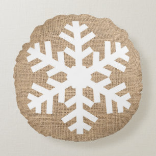 Modern Farmhouse Christmas Snowflake Rustic Burlap Round Pillow