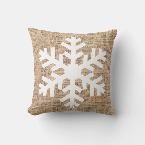 Modern Farmhouse Christmas Snowflake Rustic Burlap Throw Pillow