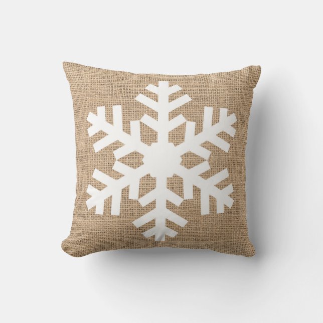 Modern Farmhouse Christmas Snowflake Rustic Burlap Throw Pillow (Front)