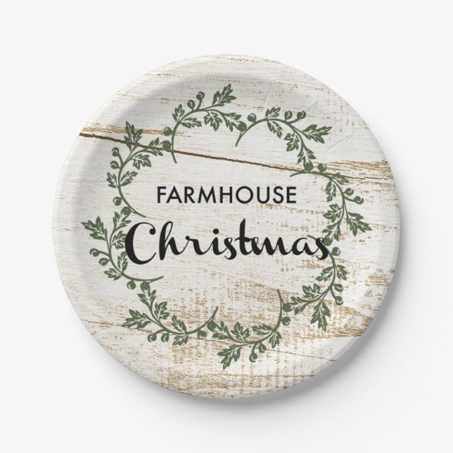 Modern Farmhouse Christmas Wreath Rustic Wood Paper Plates (Front)