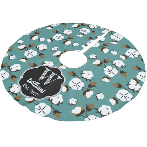 Modern Farmhouse Cotton Flowers  Teal Brushed Polyester Tree Skirt