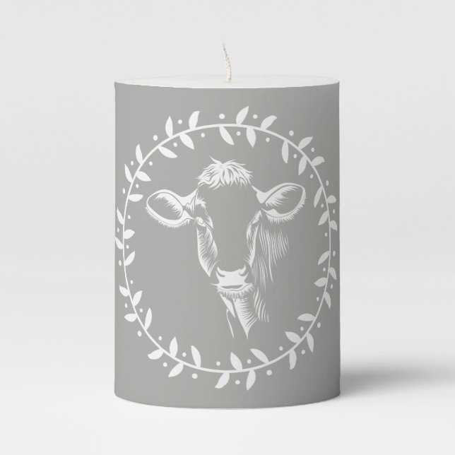 Modern Farmhouse Cow & Wreath Pillar Candle (Front)