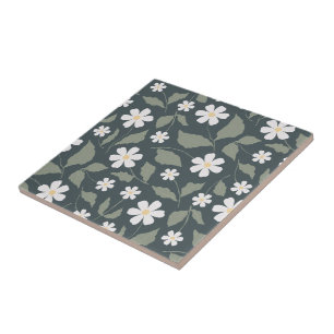 Modern Farmhouse Daisy Dark Blue Green & Sage Ceramic Tile
