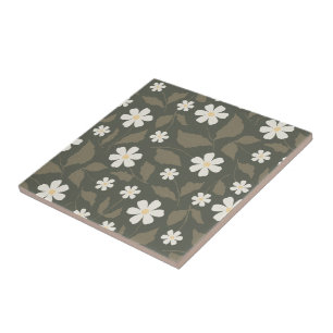 Modern Farmhouse Daisy Dark Olive Sage Floral Ceramic Tile