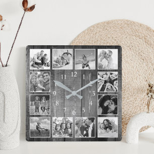 Modern Farmhouse Family Photo Collage Square Wall Clock