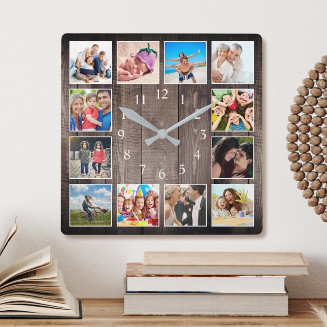 Modern Farmhouse Family Photo Collage Square Wall Clock (Creator Uploaded)