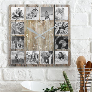 Modern Farmhouse Family Rustic Photo Collage Square Wall Clock