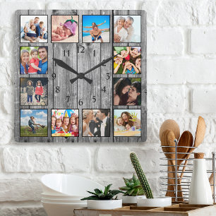 Modern Farmhouse Family Rustic Photo Collage Square Wall Clock
