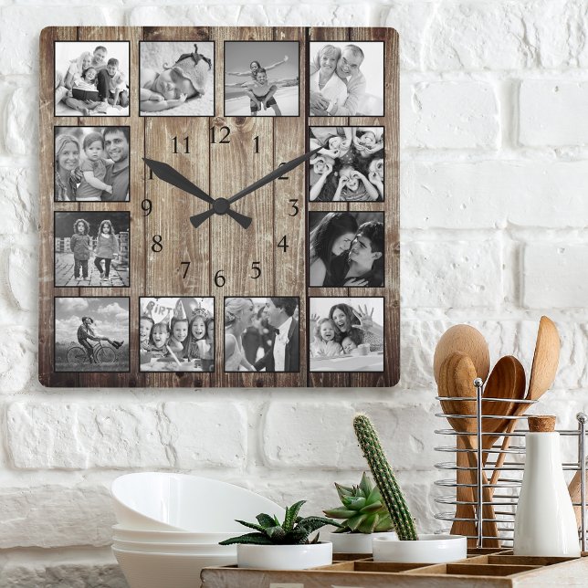 Modern Farmhouse Family Rustic Photo Collage Square Wall Clock (Creator Uploaded)