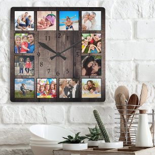 Modern Farmhouse Family Rustic Photo Collage Square Wall Clock