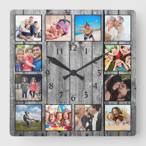 Modern Farmhouse Family Rustic Photo Collage Square Wall Clock