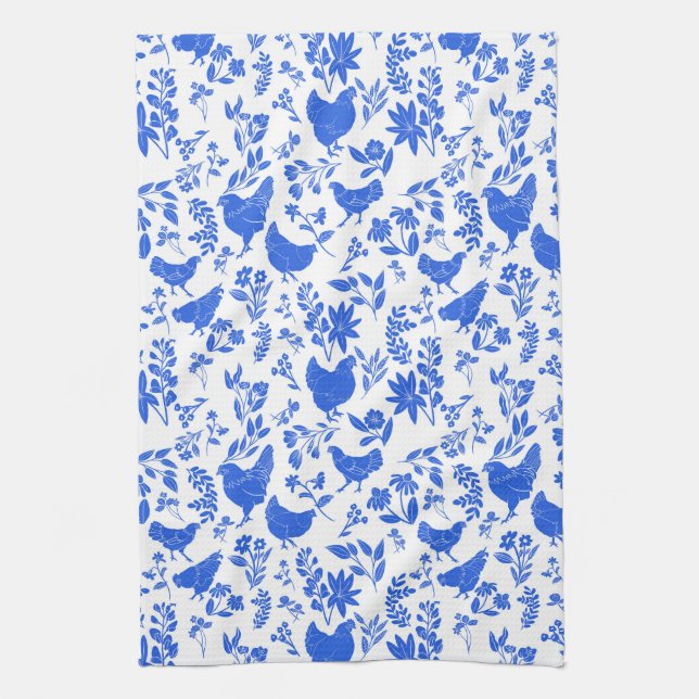 Modern Farmhouse Folk Art Chickens & Botanicals Kitchen Towel (Vertical)