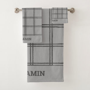 Modern Farmhouse Gray Plaid Lines Personalized Bath Towel Set