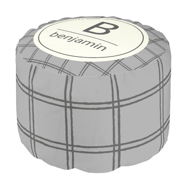 Modern Farmhouse Gray Plaid Lines Personalized Pouf (Angled Front)