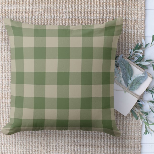 Modern Farmhouse Green & Beige Buffalo Plaid Throw Pillow (Modern farmhouse throw pillow green and beige buffalo plaid couch pillow )