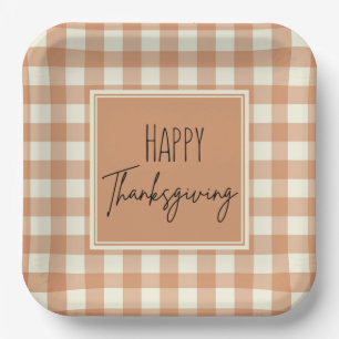 Modern Farmhouse Happy Thanksgiving Orange Plaid Paper Plates