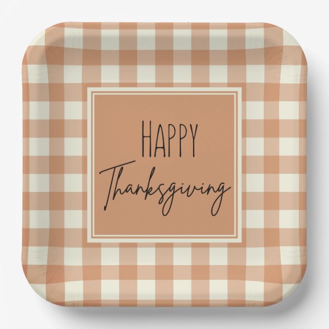 Modern Farmhouse Happy Thanksgiving Orange Plaid Paper Plates (Front)