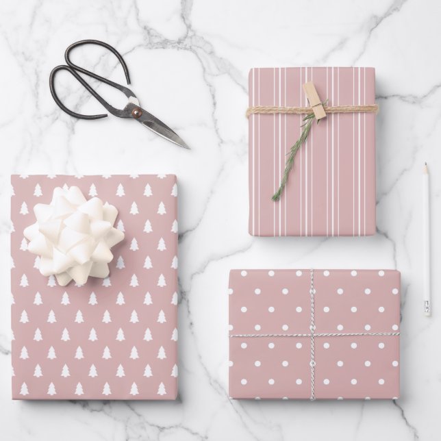 Modern farmhouse holiday silver pink wrapping paper sheets (Front)