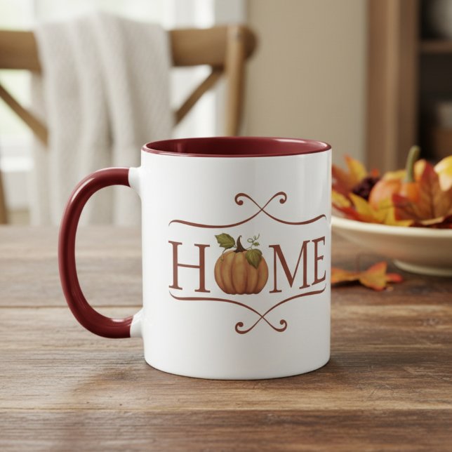 Modern Farmhouse "Home" Cozy Autumn Mug (HOME rustic coffee mug with a pumpkin for the O in HOME.)