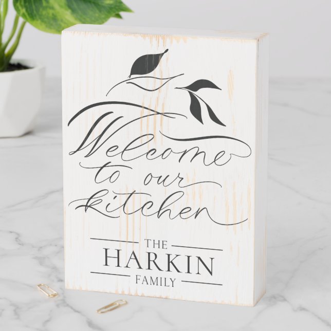 Modern Farmhouse Kitchen Family Name Welcome Wooden Box Sign (In Situ Vertical)