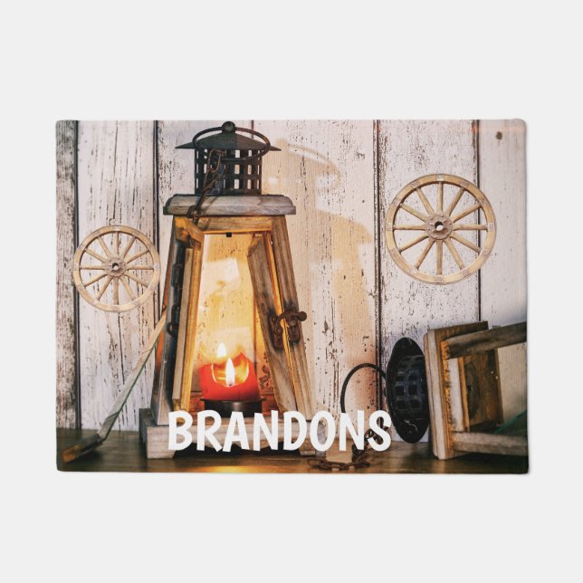Modern Farmhouse Lantern Wood Housewarming Gift Doormat (Front)