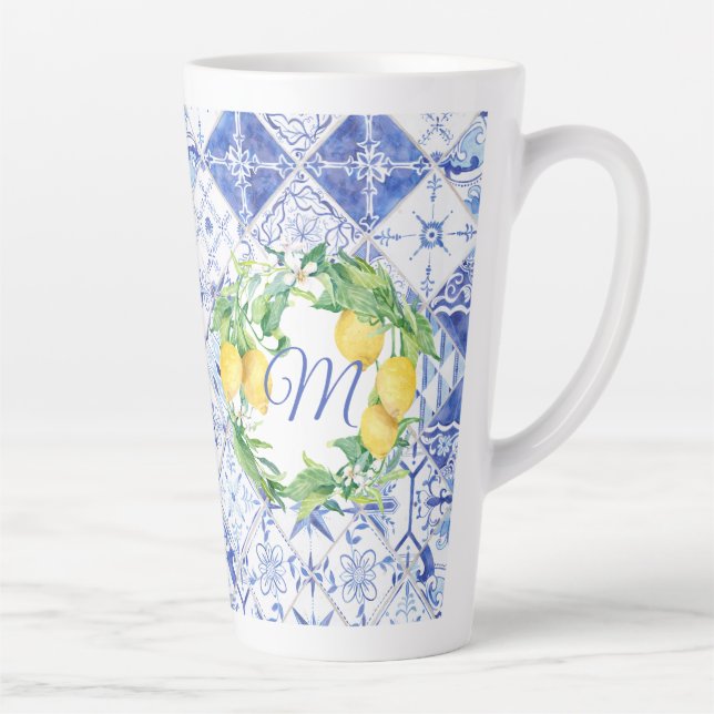 Modern Farmhouse Lemon Blue Mediterranean Tile Latte Mug (Right)