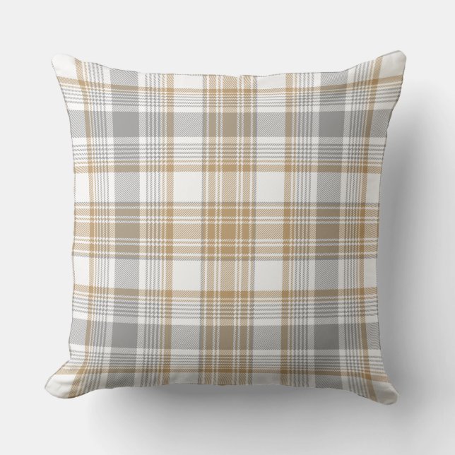 Modern Farmhouse Light Tartan Plaid Grey Orange Throw Pillow (Front)