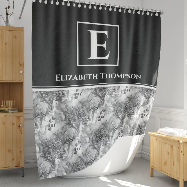 Modern Farmhouse Monogram Black and White Floral Shower Curtain (Creator Uploaded)