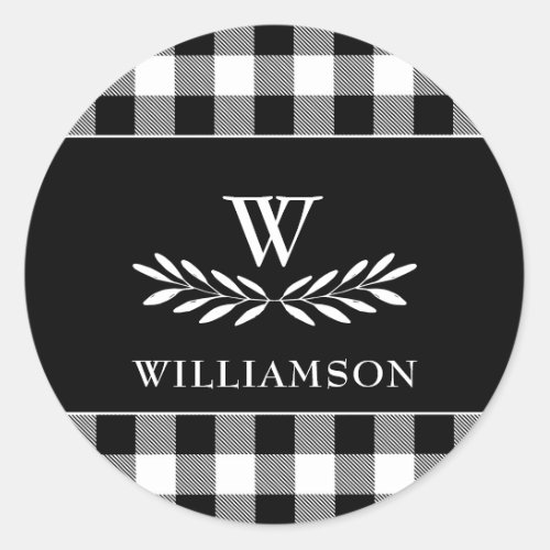 Modern Farmhouse Monogram Black White Family Name  Classic Round Sticker