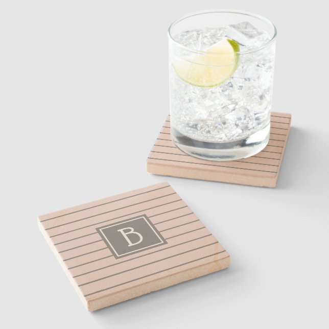 Modern Farmhouse Monogrammed Pink & Gray Striped Stone Coaster (Side)