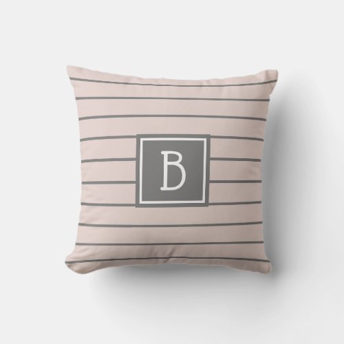 Modern Farmhouse Monogrammed Pink  Gray Striped Throw Pillow
