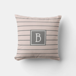 Modern Farmhouse Monogrammed Pink & Gray Striped Throw Pillow