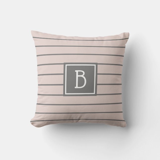 Modern Farmhouse Monogrammed Pink & Gray Striped Throw Pillow (Front)
