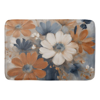 Modern Farmhouse Navy Blue Burnt Orange Floral Bath Mat