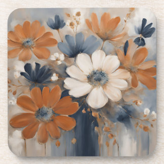 Modern Farmhouse Navy Blue Burnt Orange Floral Beverage Coaster