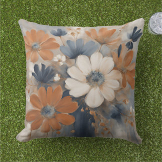 Modern Farmhouse Navy Blue Burnt Orange Floral Outdoor Pillow