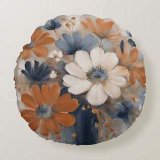 Modern Farmhouse Navy Blue Burnt Orange Floral Round Pillow