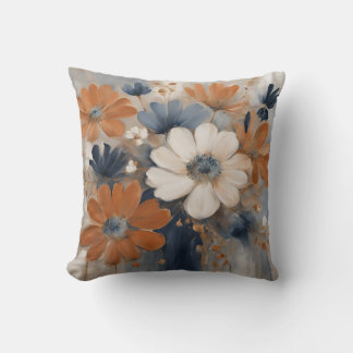 Modern Farmhouse Navy Blue Burnt Orange Floral Throw Pillow