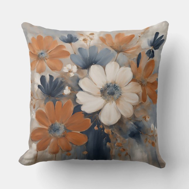Modern Farmhouse Navy Blue Orange Floral Throw Pillow (Front)