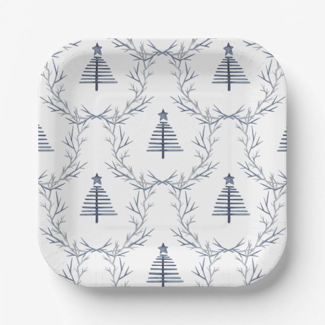Modern Farmhouse Navy Blue Pattern Christmas  Paper Plates (Front)