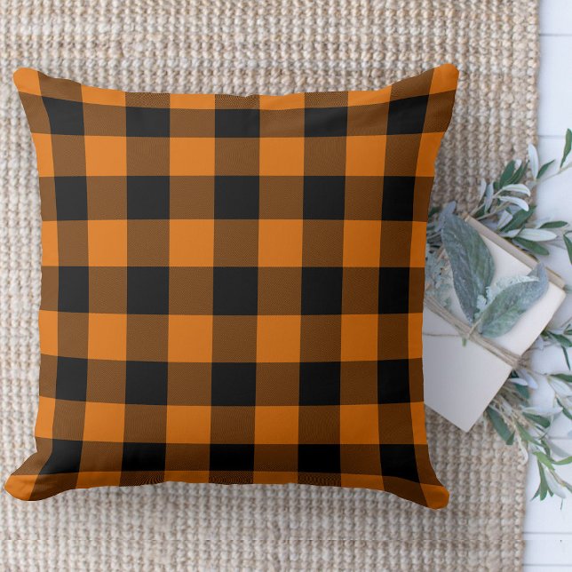 Modern Farmhouse Orange & Black Buffalo Plaid  Throw Pillow (Modern farmhouse throw pillow orange and black buffalo plaid couch pillow )