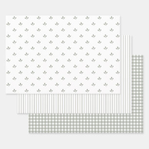 Modern Farmhouse Pattern Mix Dusky Green Wrapping Paper Sheets