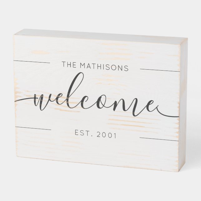 Modern Farmhouse Personalized Family Name Welcome Wooden Box Sign (Angled Horizontal)